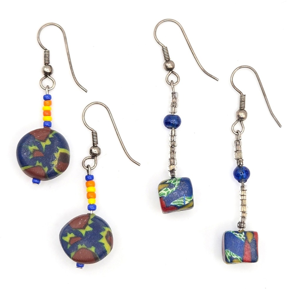 2 Pairs Handmade Polymer Clay Bead Drop Earrings Blue Multi Color Set